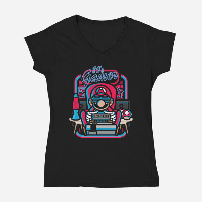 80s Gamer Room-Womens-V-Neck-Tee-jrberger
