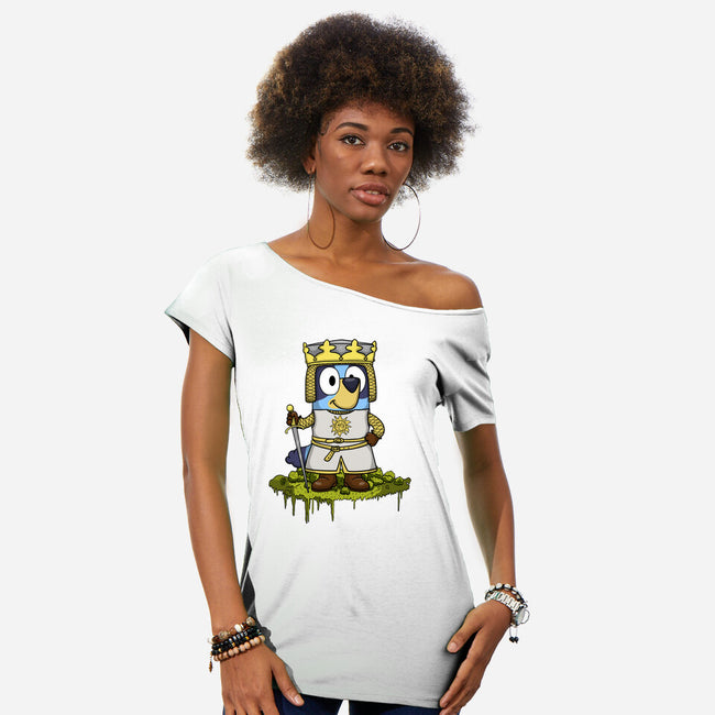 Bluey And The Holy Grail-Womens-Off Shoulder-Tee-JamesQJO