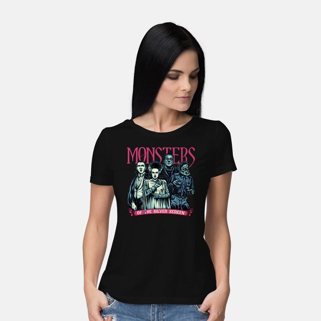 Monsters Of The Silver Screen-Womens-Basic-Tee-momma_gorilla