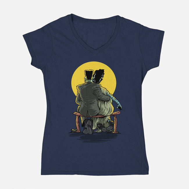 Monster And Bride Gazing At The Moon-Womens-V-Neck-Tee-zascanauta