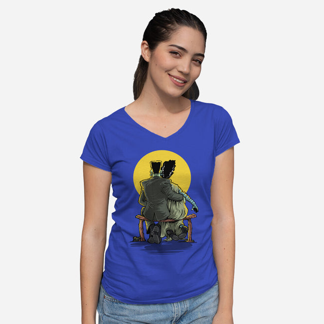 Monster And Bride Gazing At The Moon-Womens-V-Neck-Tee-zascanauta