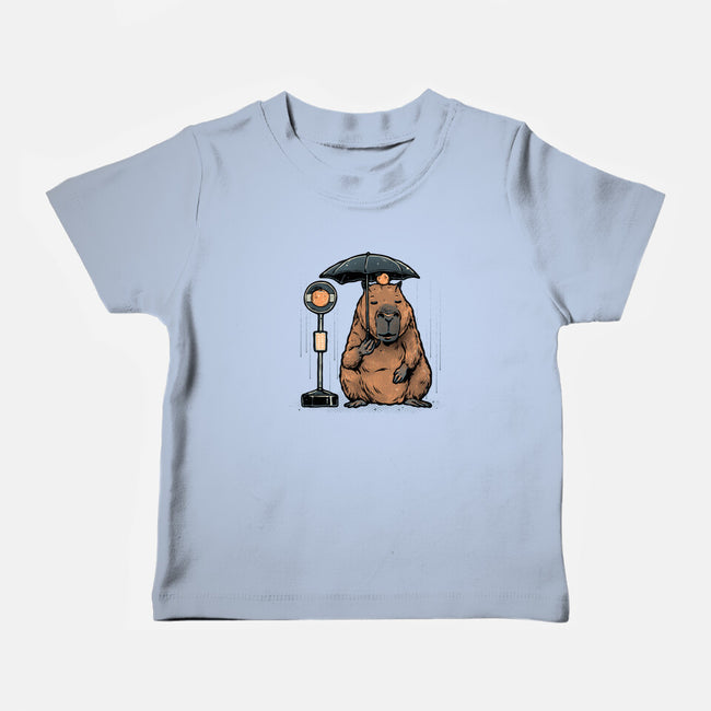 Capybara Bus Stop-Baby-Basic-Tee-glitchygorilla