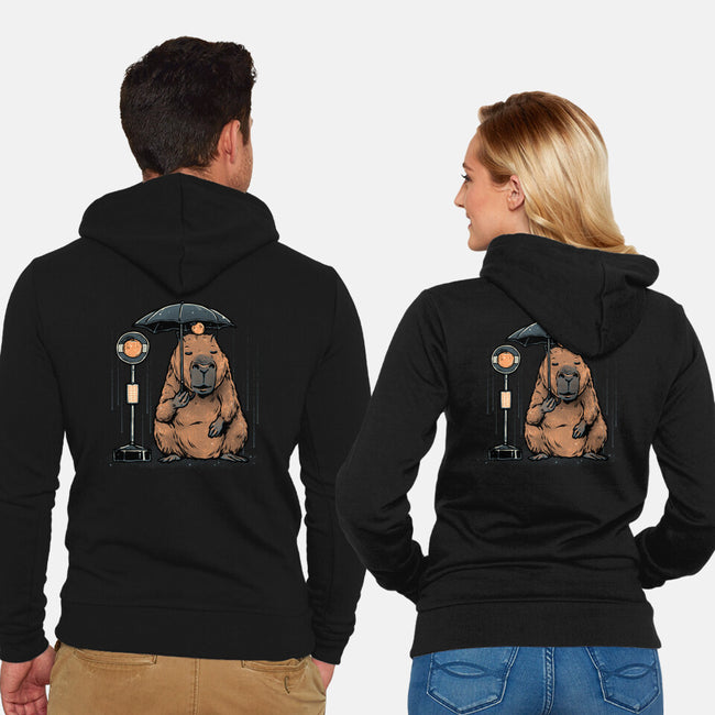Capybara Bus Stop-Unisex-Zip-Up-Sweatshirt-glitchygorilla