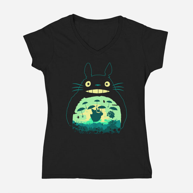 Totoro and His Umbrella-womens v-neck tee-Arashi-Yuka