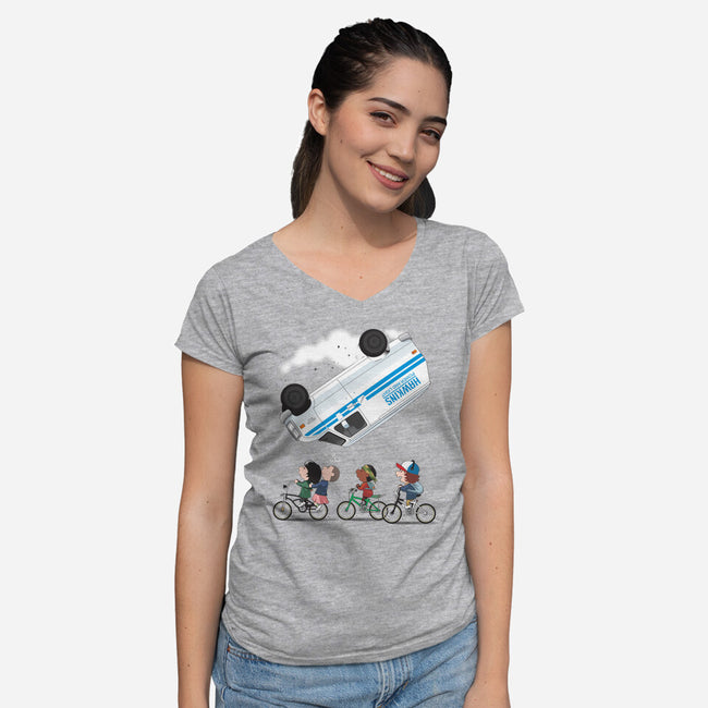 Stranger Peanuts-womens v-neck tee-Adams Pinto
