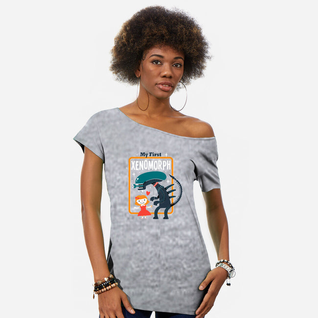 My First Xenomorph-womens off shoulder tee-DinoMike