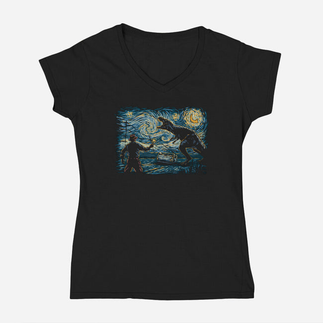 Jurassic Night-womens v-neck tee-Hootbrush