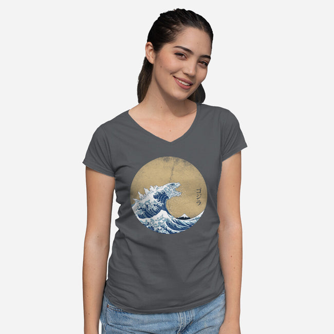 Hokusai Gojira-womens v-neck tee-Mdk7