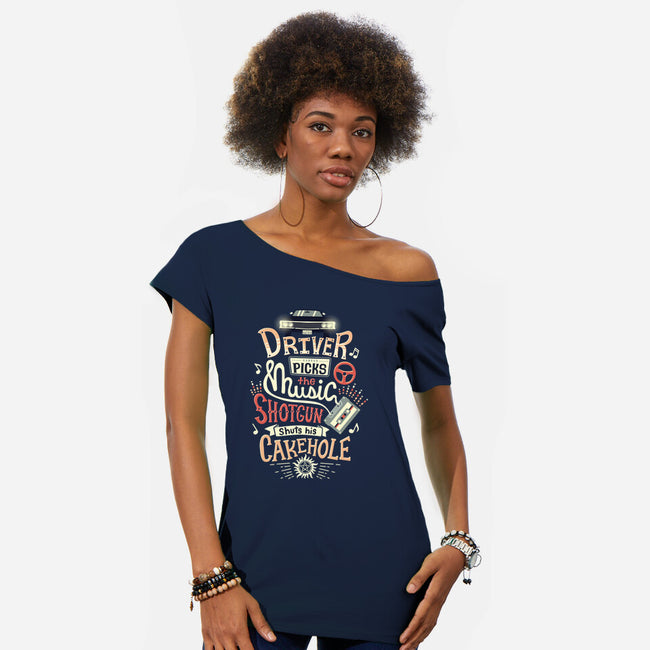 Driver Picks the Music-womens off shoulder tee-risarodil