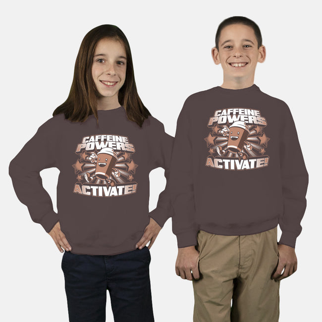 Caffeine Powers, Activate!-youth crew neck sweatshirt-Obvian