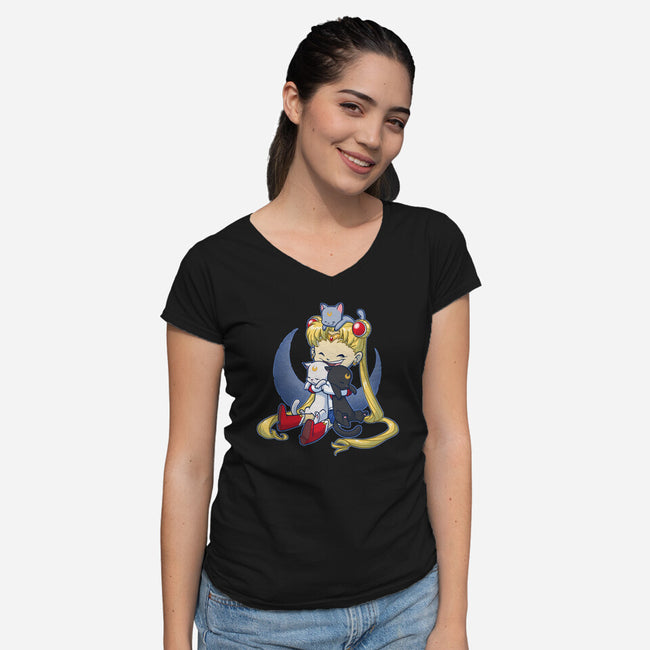 Crazy Moon Cat Lady-womens v-neck tee-DoOomcat