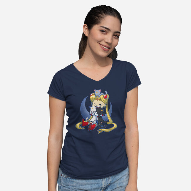 Crazy Moon Cat Lady-womens v-neck tee-DoOomcat