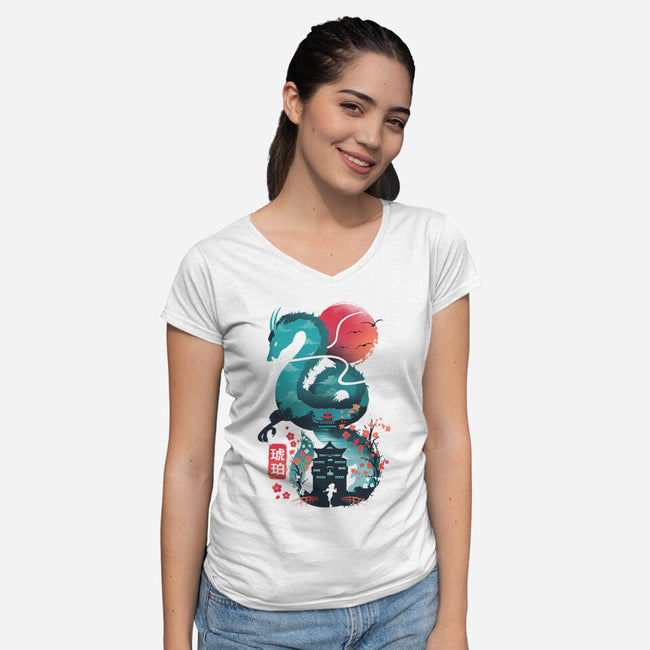 UKIYO E DRAGON-womens v-neck tee-dandingeroz