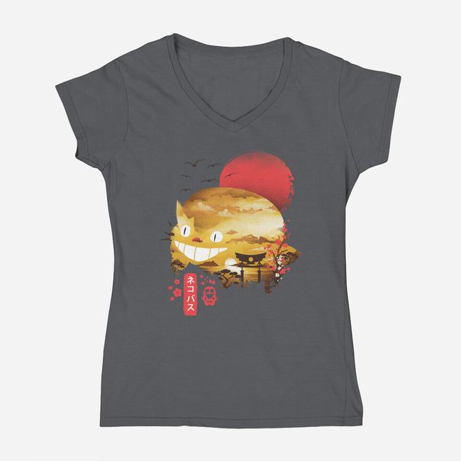 Ukiyo-E Catbus-womens v-neck tee-dandingeroz