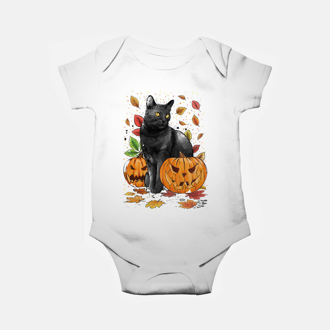 Cat Leaves and Pumpkins-baby basic onesie-DrMonekers