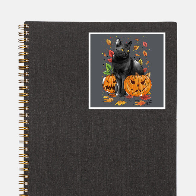 Cat Leaves and Pumpkins-none glossy sticker-DrMonekers