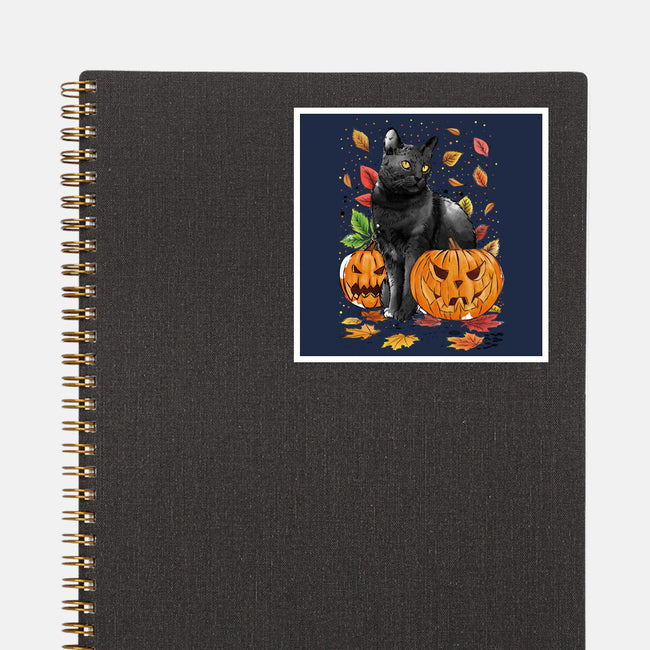 Cat Leaves and Pumpkins-none glossy sticker-DrMonekers