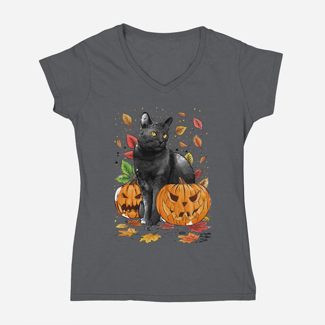 Cat Leaves and Pumpkins-womens v-neck tee-DrMonekers