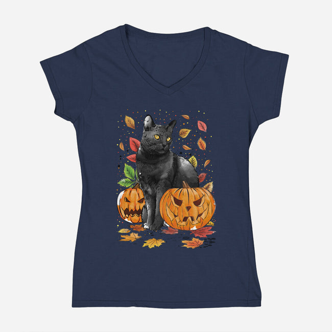 Cat Leaves and Pumpkins-womens v-neck tee-DrMonekers