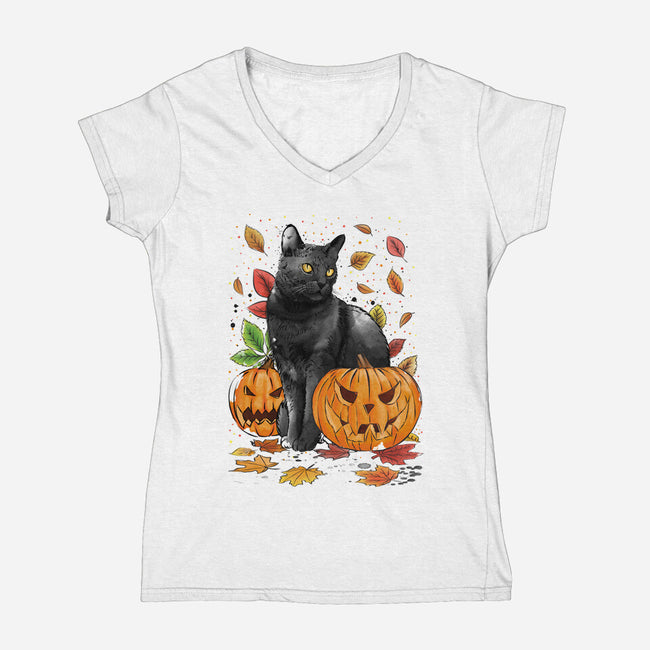 Cat Leaves and Pumpkins-womens v-neck tee-DrMonekers