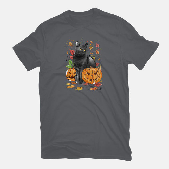 Cat Leaves and Pumpkins-youth basic tee-DrMonekers