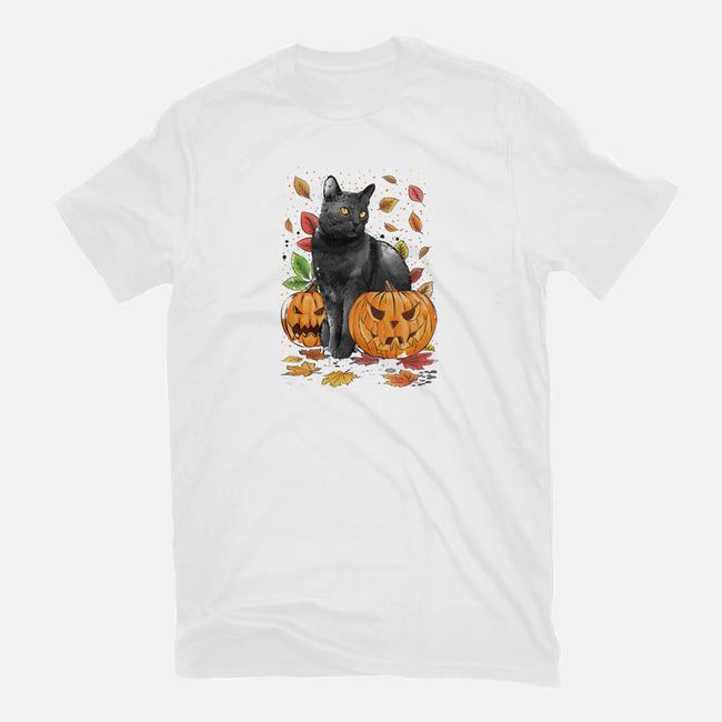 Cat Leaves and Pumpkins-youth basic tee-DrMonekers