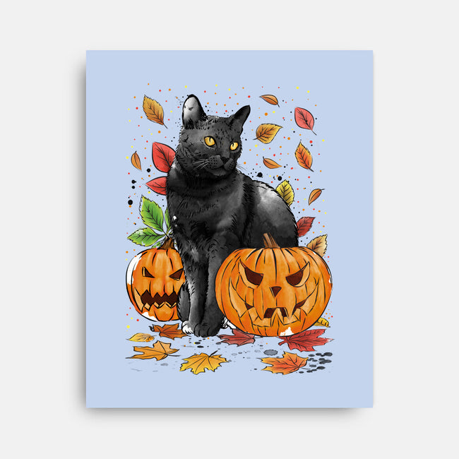 Cat Leaves and Pumpkins-none stretched canvas-DrMonekers