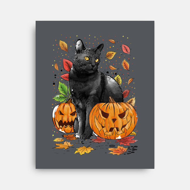 Cat Leaves and Pumpkins-none stretched canvas-DrMonekers