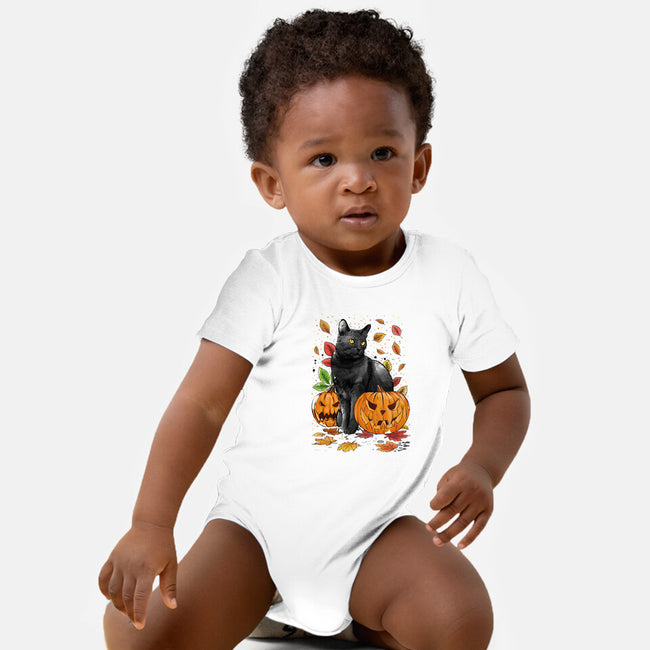 Cat Leaves and Pumpkins-baby basic onesie-DrMonekers