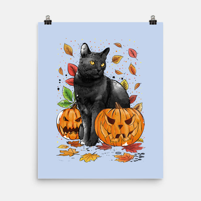 Cat Leaves and Pumpkins-none matte poster-DrMonekers