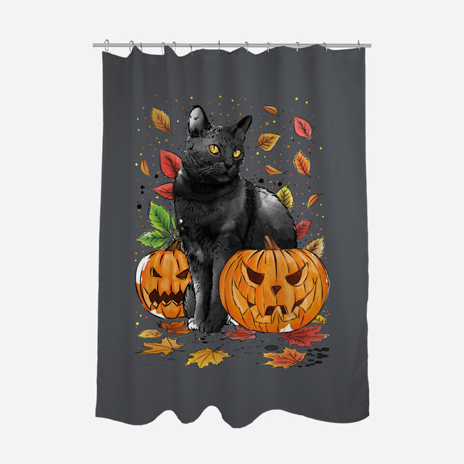 Cat Leaves and Pumpkins-none polyester shower curtain-DrMonekers