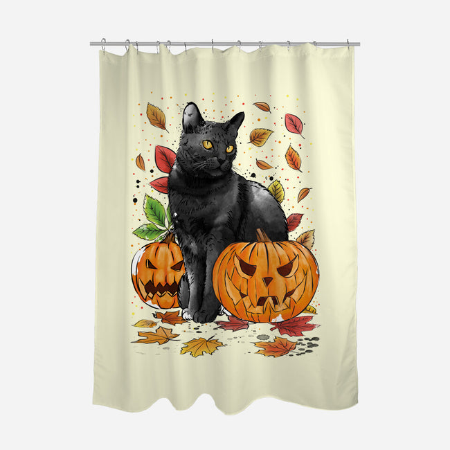 Cat Leaves and Pumpkins-none polyester shower curtain-DrMonekers