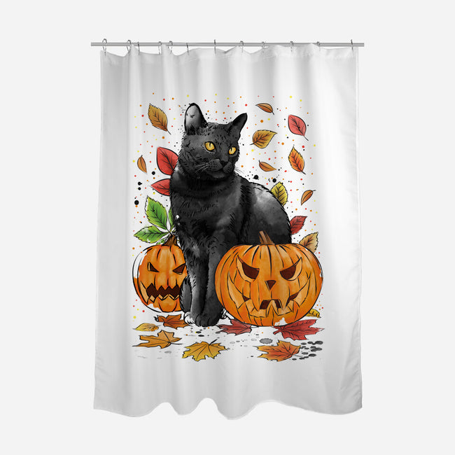 Cat Leaves and Pumpkins-none polyester shower curtain-DrMonekers