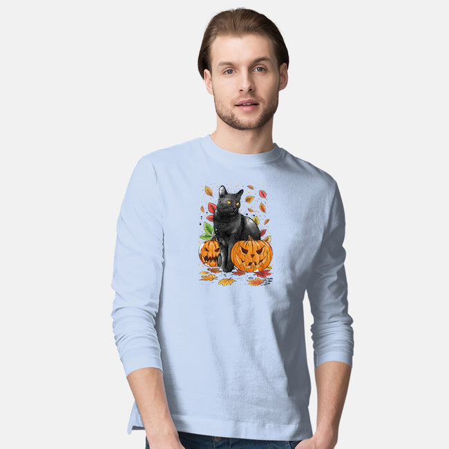 Cat Leaves and Pumpkins-mens long sleeved tee-DrMonekers