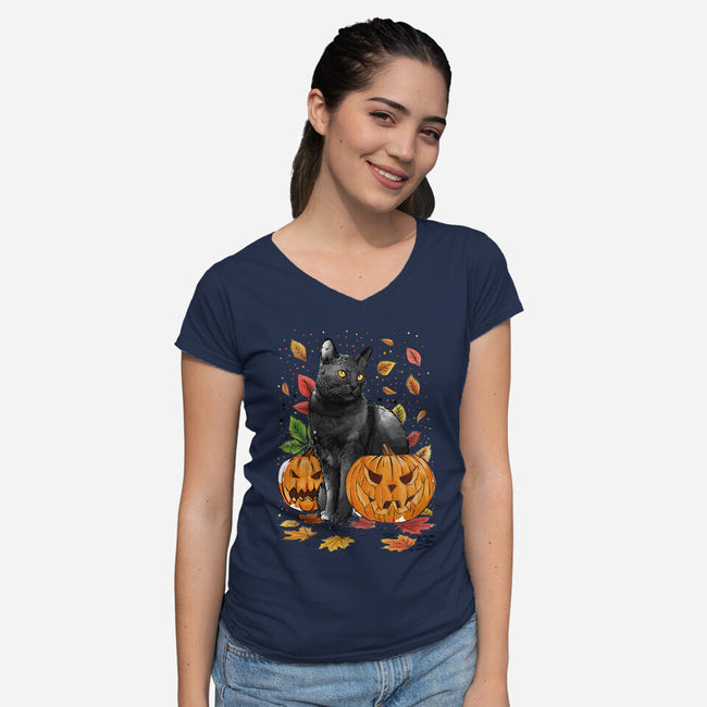 Cat Leaves and Pumpkins-womens v-neck tee-DrMonekers