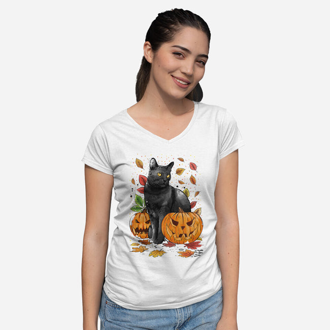 Cat Leaves and Pumpkins-womens v-neck tee-DrMonekers