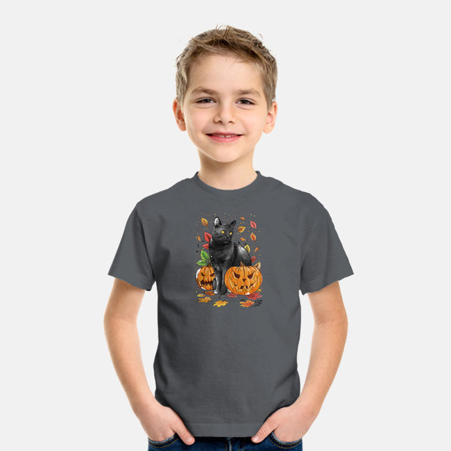 Cat Leaves and Pumpkins-youth basic tee-DrMonekers