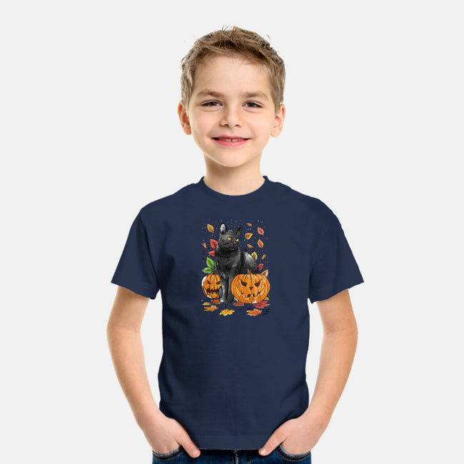 Cat Leaves and Pumpkins-youth basic tee-DrMonekers