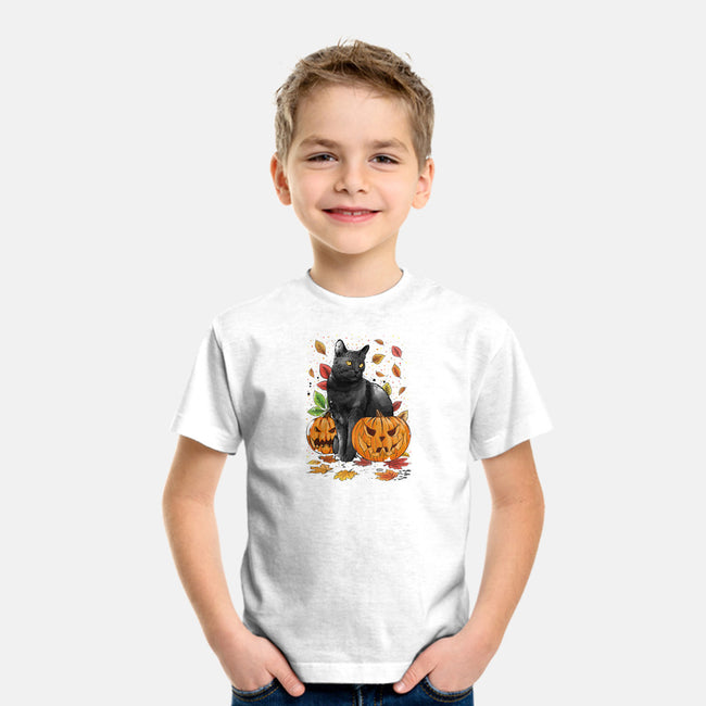 Cat Leaves and Pumpkins-youth basic tee-DrMonekers