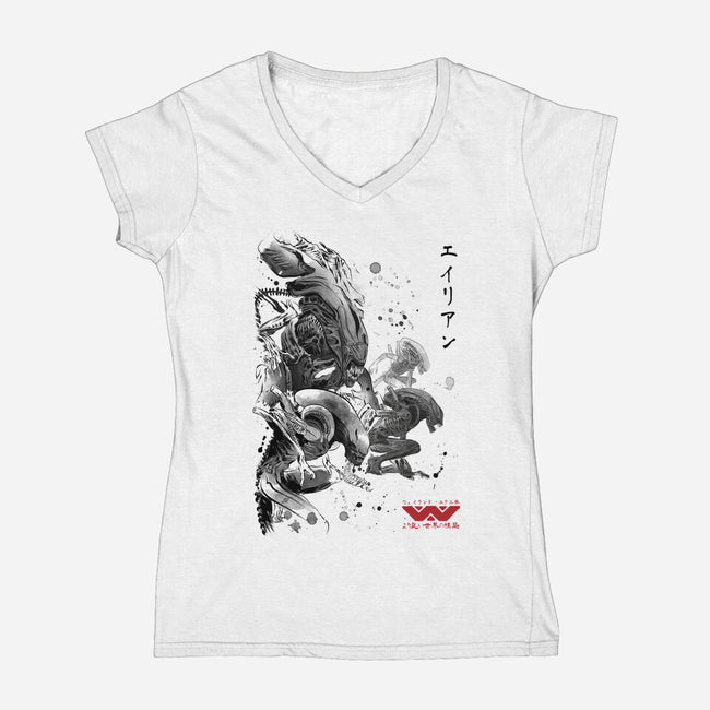 Xenomorphs Invasion Sumi-E-womens v-neck tee-DrMonekers