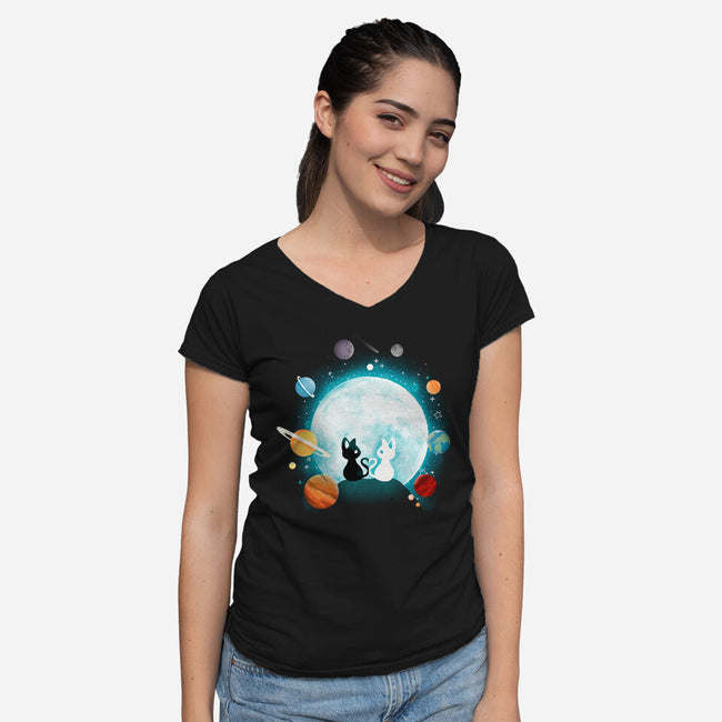 Moon Cat Planets-womens v-neck tee-Vallina84