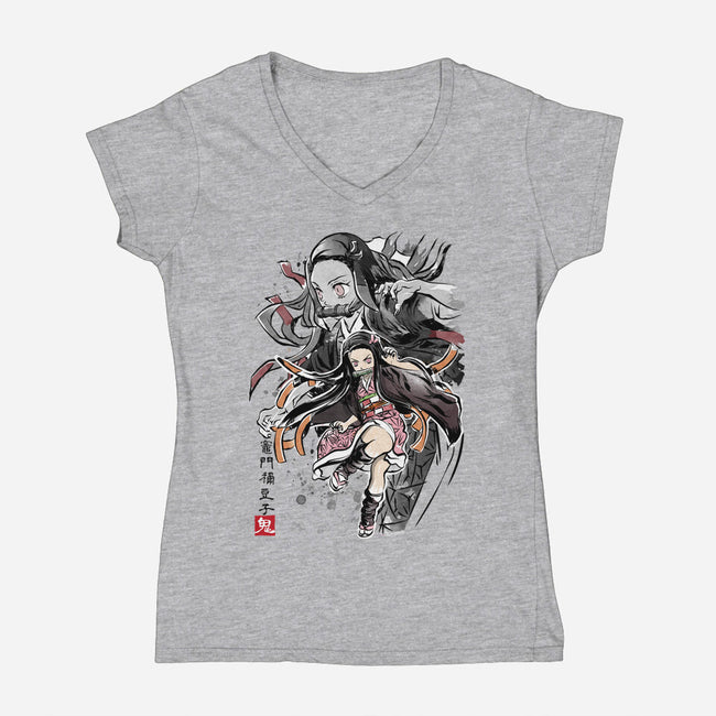 Demon Nezuko Sumi-E-womens v-neck tee-DrMonekers