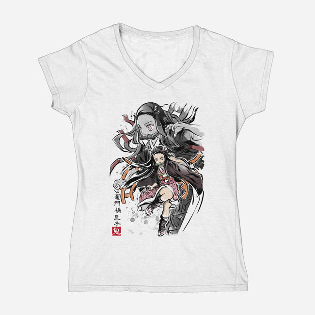 Demon Nezuko Sumi-E-womens v-neck tee-DrMonekers