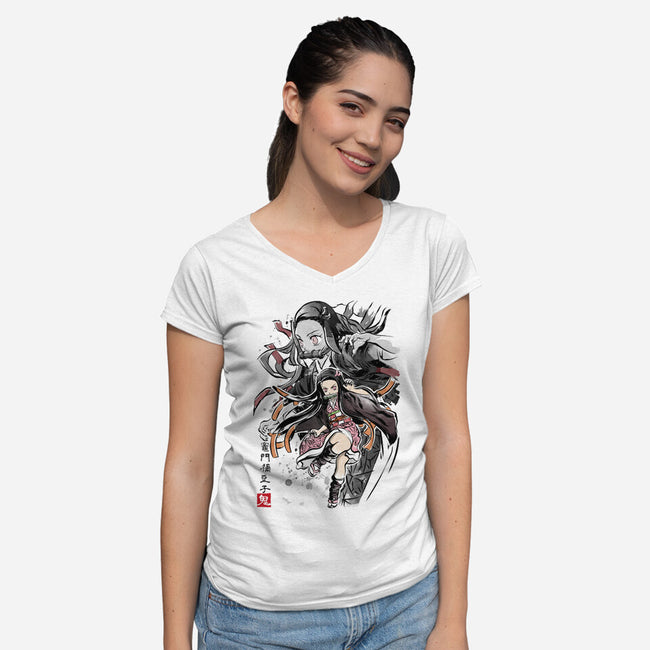 Demon Nezuko Sumi-E-womens v-neck tee-DrMonekers