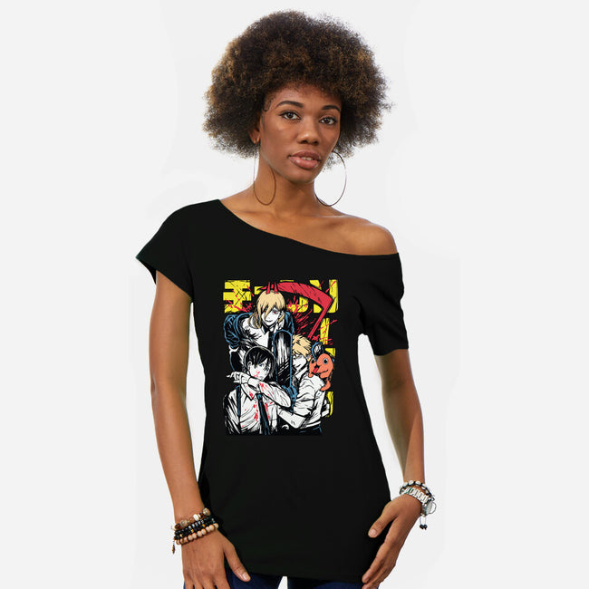 Team Chainsaw-womens off shoulder tee-rondes