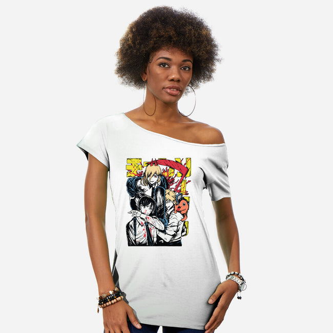Team Chainsaw-womens off shoulder tee-rondes