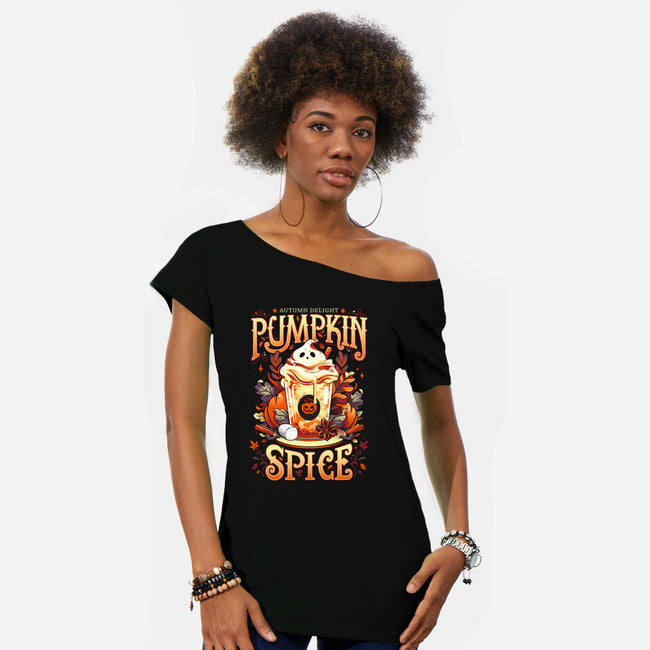 Ghostly Pumpkin Spice-womens off shoulder tee-Snouleaf