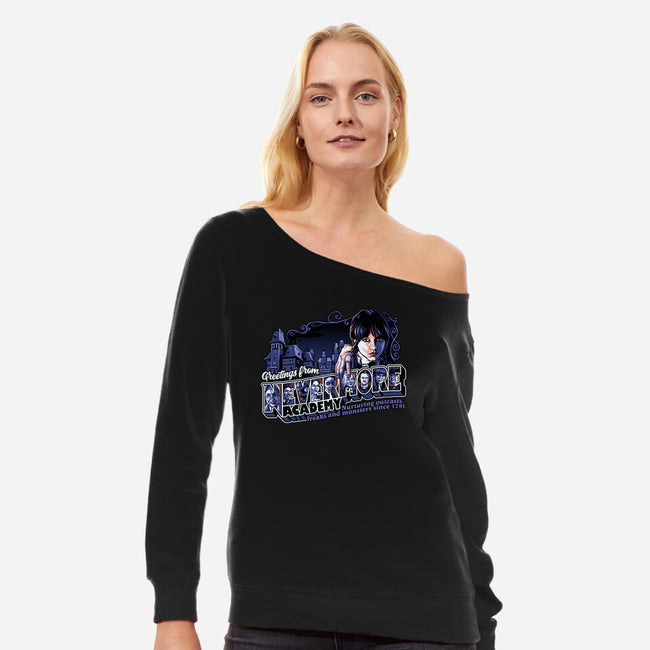 Greetings From Nevermore-womens off shoulder sweatshirt-goodidearyan