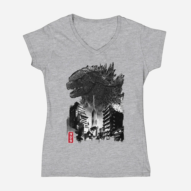 Godzilla Sumi-e-womens v-neck tee-DrMonekers