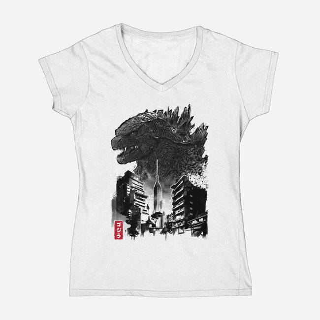 Godzilla Sumi-e-womens v-neck tee-DrMonekers